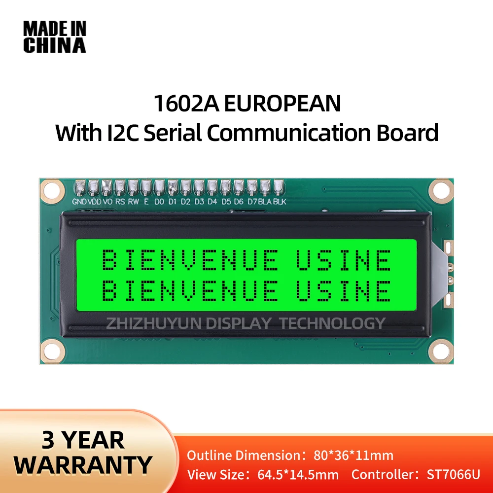 Zapewnienie jakości 1602A IIC Płytka przyłączeniowa Europejski znak Moduł LCD Ekran wyświetlacza Szmaragdowo zielone światło 80 * 36 mm Postać D