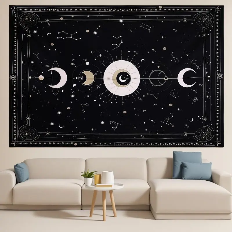 VIKAMA Mysterious Black Cat Tapestry, Moon Phase Star Bohemian Gothic Wall Hanging, Aesthetic Bedroom Study Home Decor