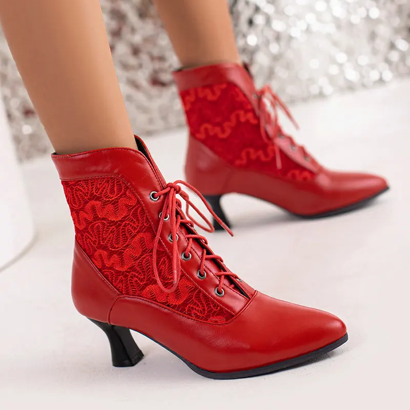 

Large Size 33-48 Big Foot Retro Elegant Ethnic Red Embroidery Bride Winter Shoes Lace-up Kitten Heels Women Ankle riding Boots