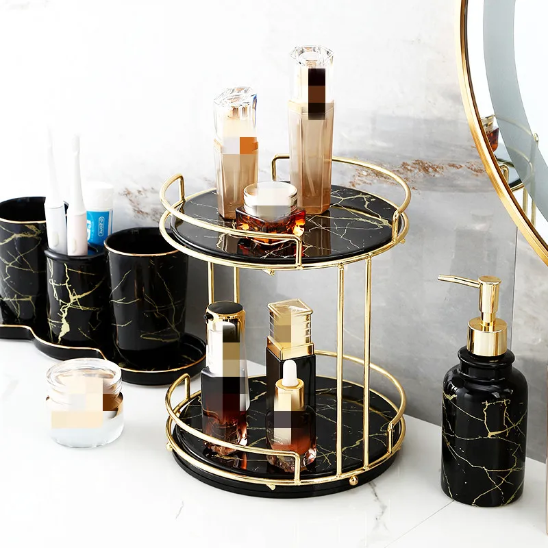 Home Bathroom Desktop Shelf Marbling Ceramics Iron Art Double Storage Rack Cosmetic Organizer Rotatable Decoration