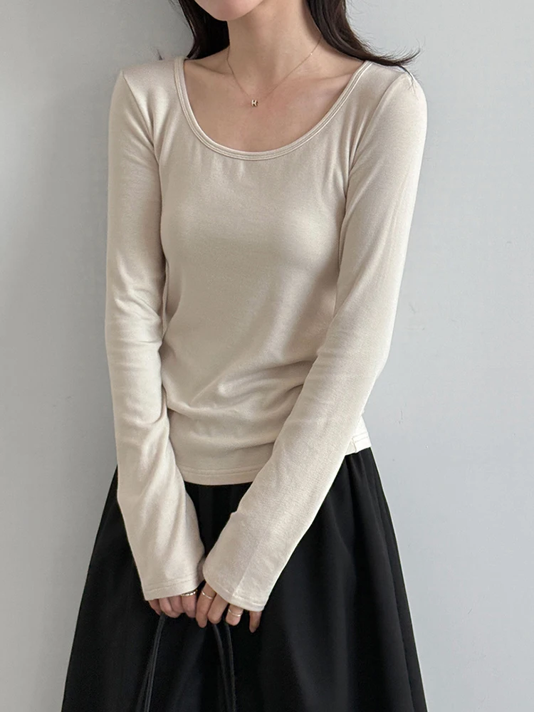 Women Dark Gray Brief Plain Color Slim Elegant T-shirt New Round Neck Long Sleeve Fashion Tide Spring Autumn