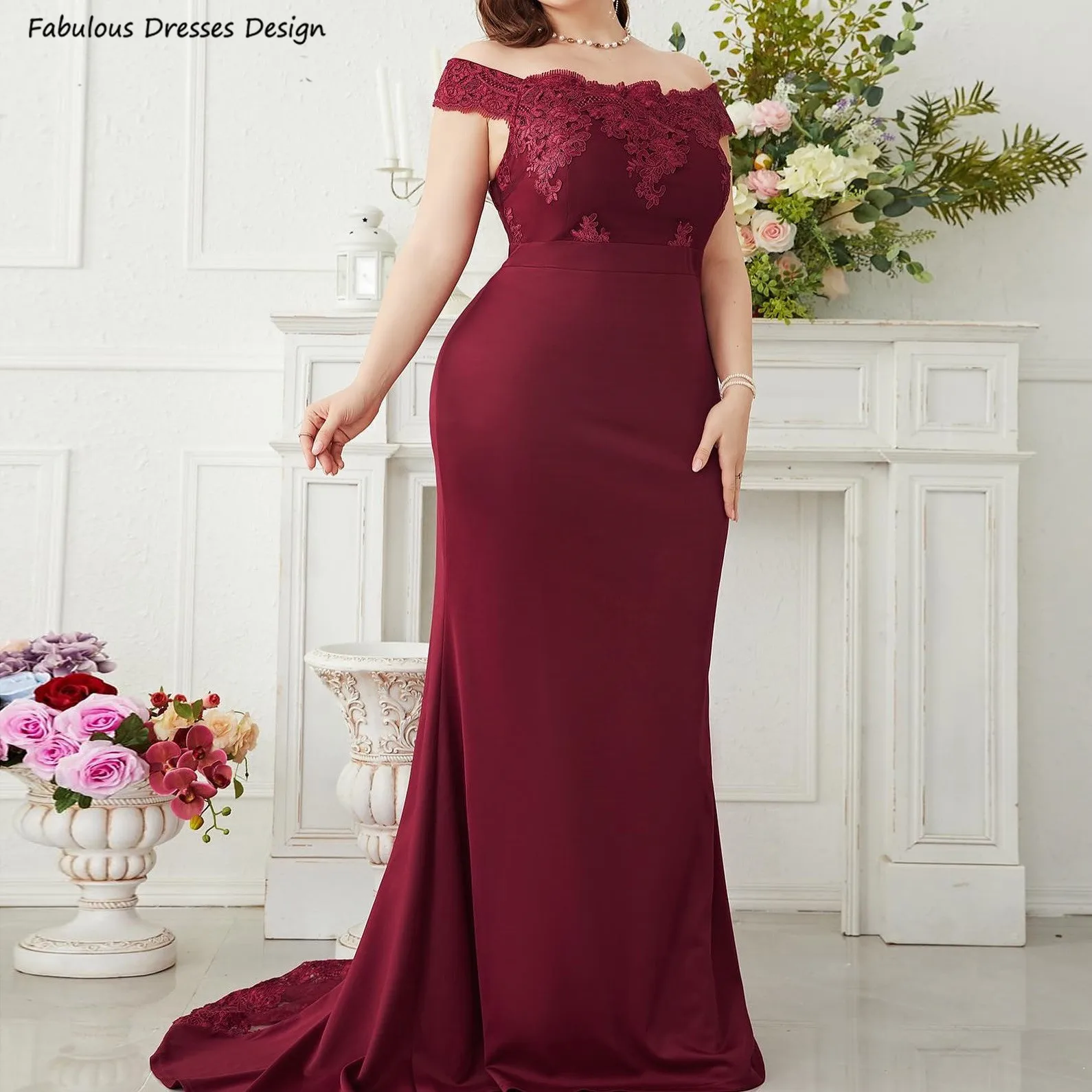 

Burgundy Applique Lace Bridesmaid Dresses Women Long Mermaid Off Shoulder Wedding Guest Dress Transparent Prom Party Gown