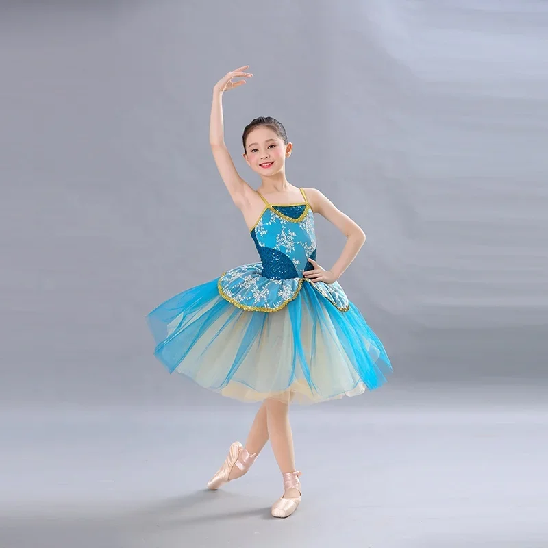 

New Blue Professional Children's Dance Costumes Sling Long Romantic Dress Ballet Tutu