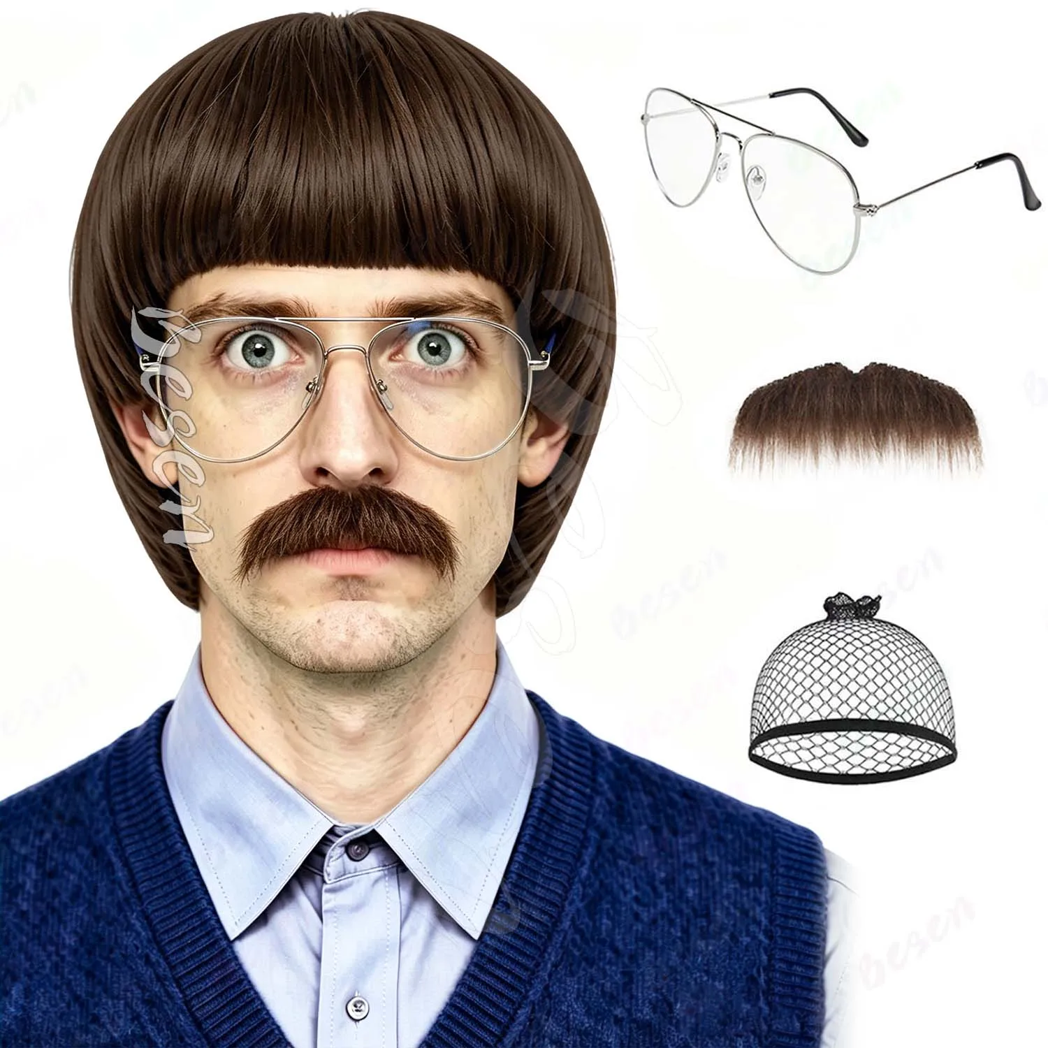 Synthetic Short Straight 60 70s Bowl Cut Funny Wig+Glasses and Mustache for Men Crazy Mushroom Cosplay Wig for Halloween Party