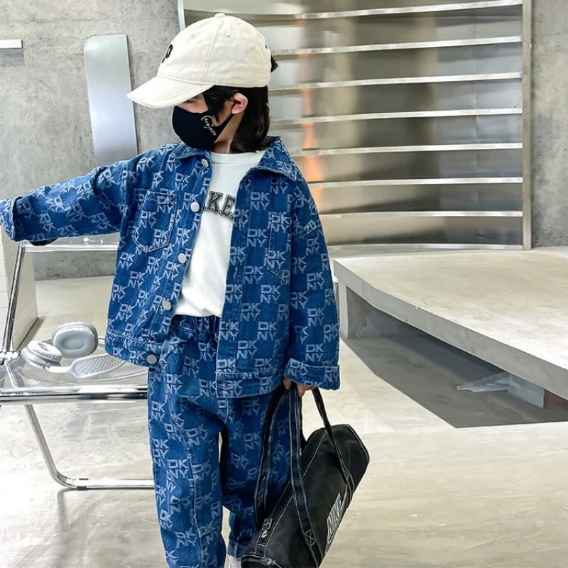 2025 소년 겉옷 바지 아동 세트 투피스 세트 청바지 봄과 가을 스포츠 세트 아동 의류