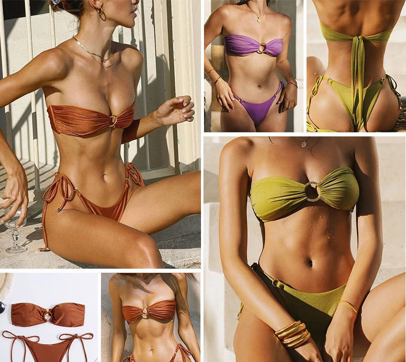 

Sexy Bikini Swimsuit Women's Strapless Metal Buckle Swimsuit Sport Fitness Fan Gear Bikini with Chest Pad No Steel S...