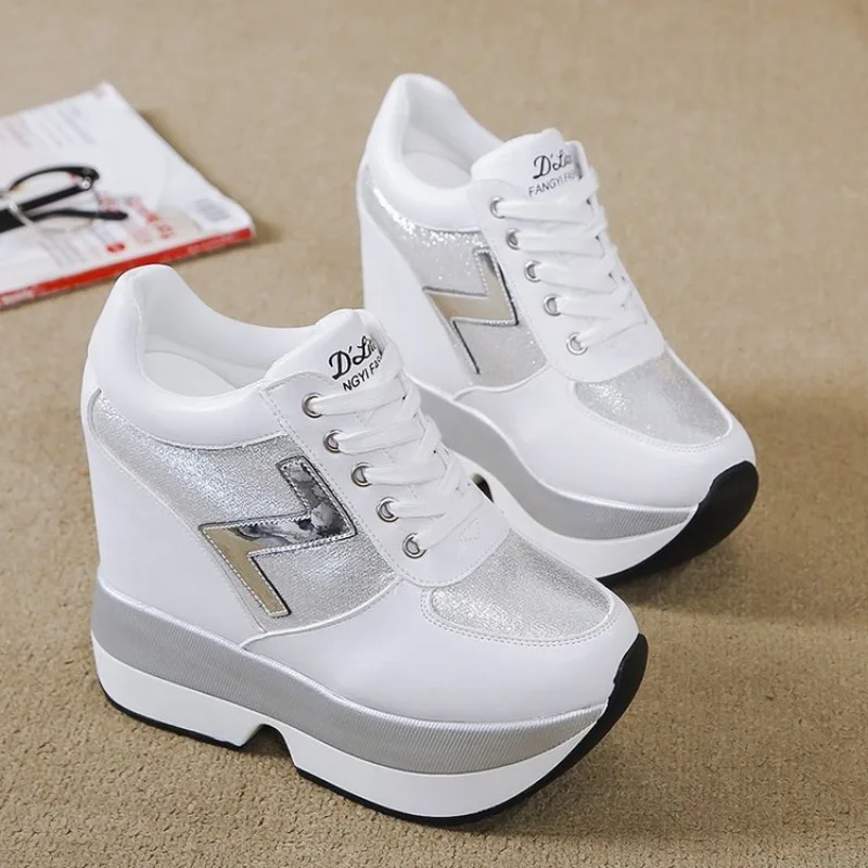 Comemore Wedge 10cm Thick Sole Tennis Sports Fashion White Sneakers Women\'s Platform Casual Shoes Height Increasi Leathe Shoe 34