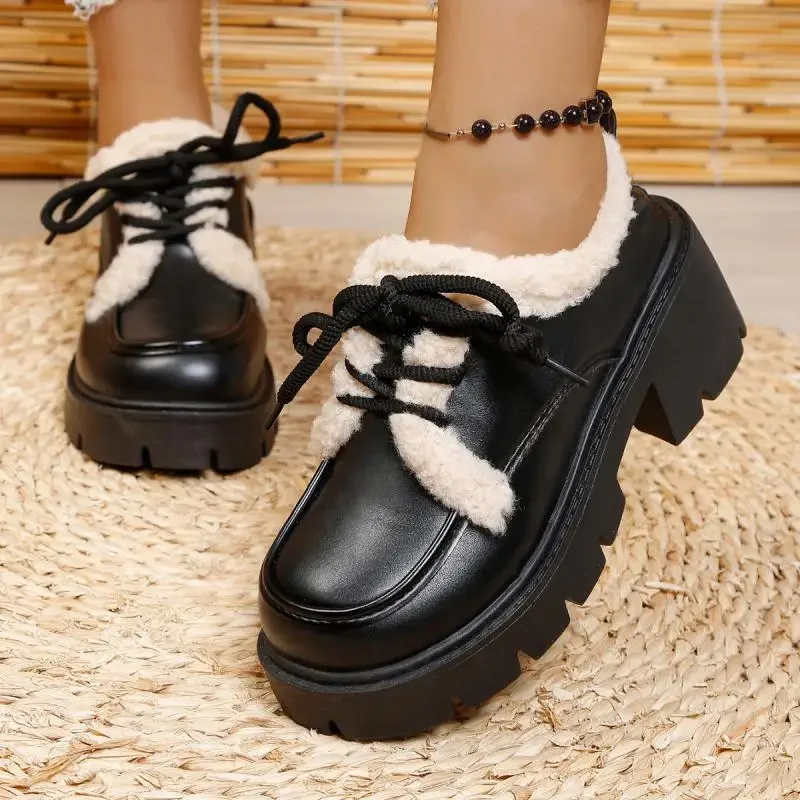 Winter 2026 Warm French Retro Fluffy Fur Thick Bottom Loafers Shoes  Lambswool Platform Leather Shoes Women Plush Black Loafers