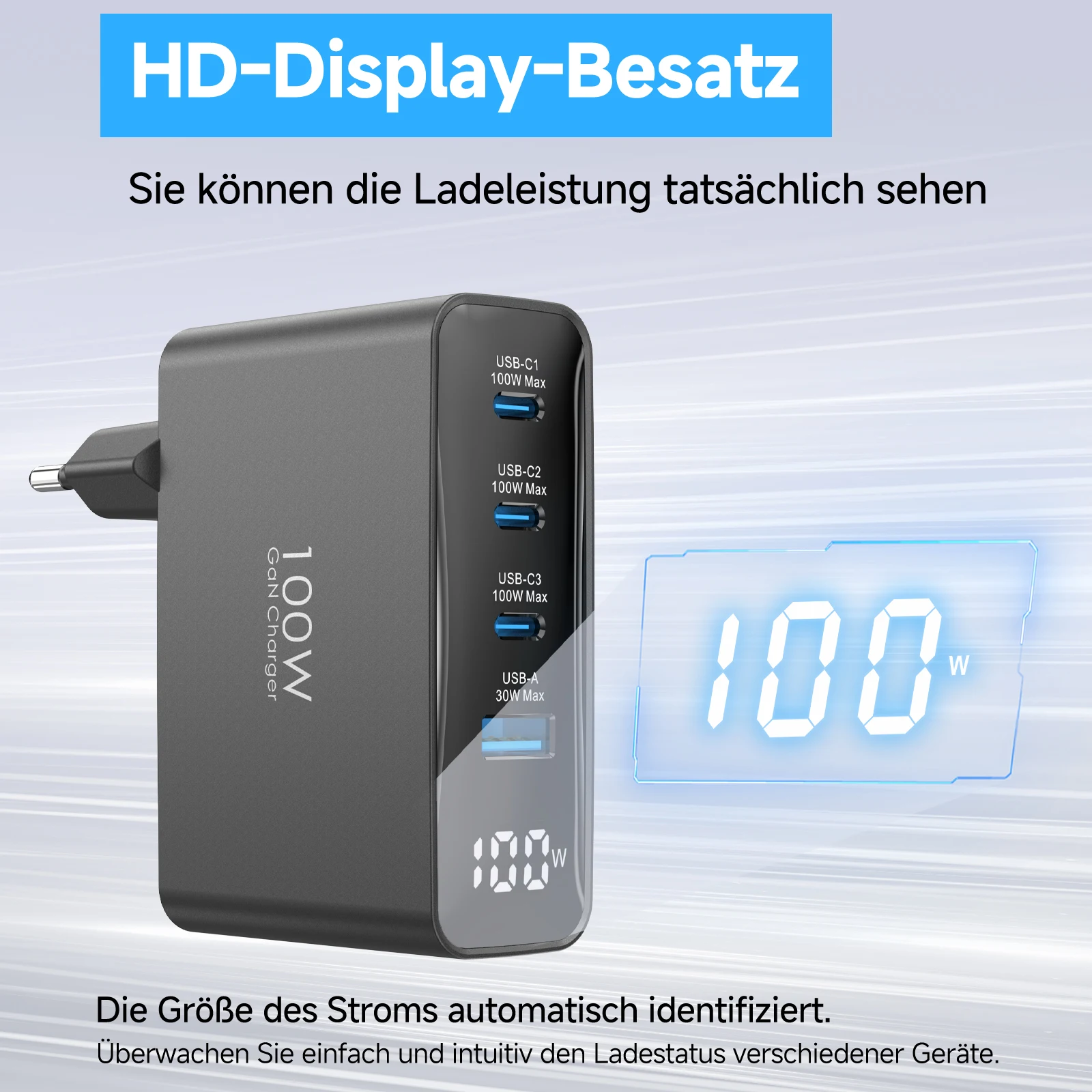 100W GaN USB Typ-C Schnellladegerät mit Display für Macbook, PPS PD Quick Charge 4.0/3.0 Schnellladung für iPhone 17/16/15 Samsung
