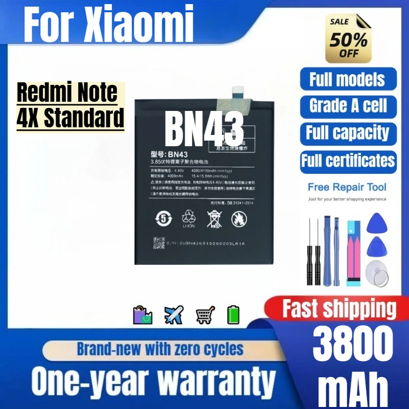 

BN43 for Xiaomi Redmi Note 4X Standard Phone Battery 0 Cycle High Quality Capacity Replacement Bateria Grade A Cell with Tools