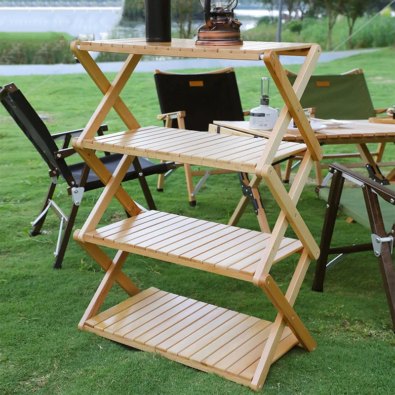 

Outdoor Portable Storage Rack Camping Picnic Tableware Table Bamboo Folding Multi-Layer Display Rack