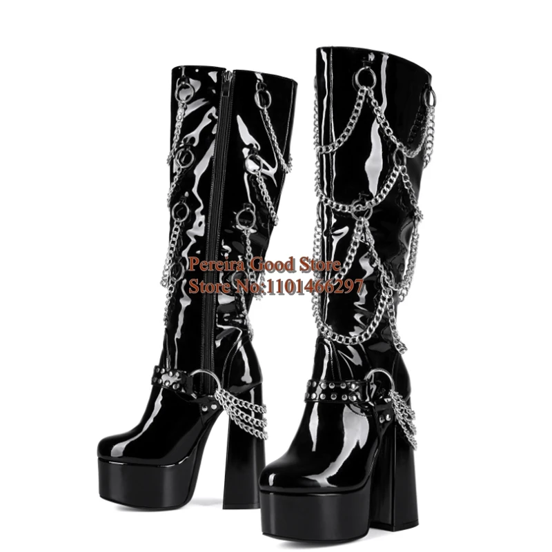 

Black Patent Leather Round Toe Chunky Heels Knee High Ridding Boots Punk Style Metal Chain Knee High Boots