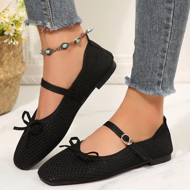 Women's Spring and Autumn New Breathable Mesh Design Mary Jane Shoes Versatile Skinny Square Toe Flats