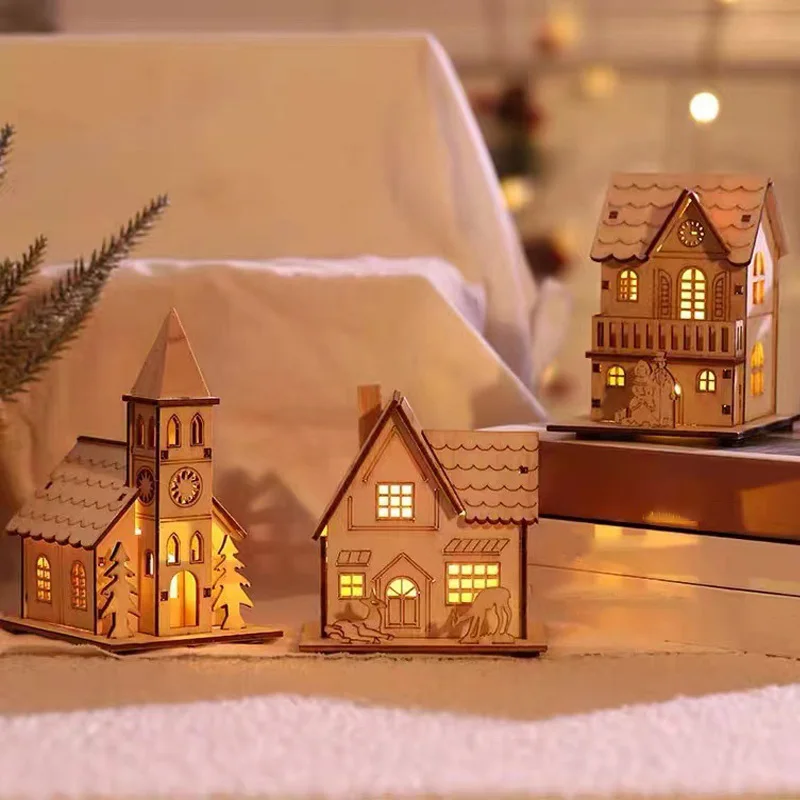 Mini Wooden House DIY Merry Christmas Decorations Luminous Cabin Christmas Tree Hanging Xmas Ornaments New Year Kids Gift