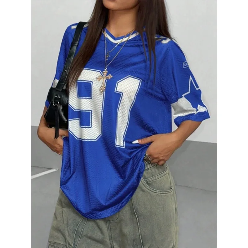 

Summer New 3D Print T-Shirt Girl V-Neck Patchwork Short Sleeve Tees Sports Football Jersey Y2K Loose Oversized Quick Dry Tops