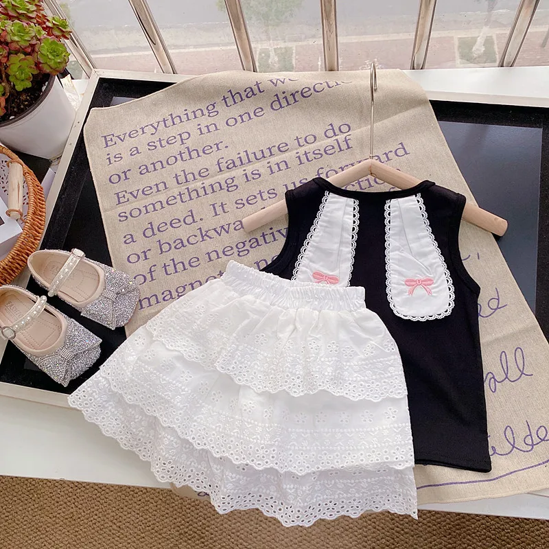 

Girls' Summer Outfit Set Rabbit Ears Sleeveless Vest Top Solid Color Cake Skirt Pants Two-Piece Set