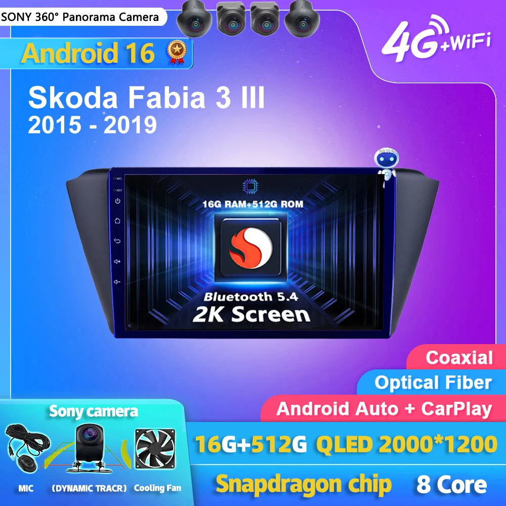 Android 16 Carplay Auto 2K Screen Car Radio Multimedia Player For Skoda Fabia 3 III 2015 - 2019 Autoradio Stereo 2din Head Unit