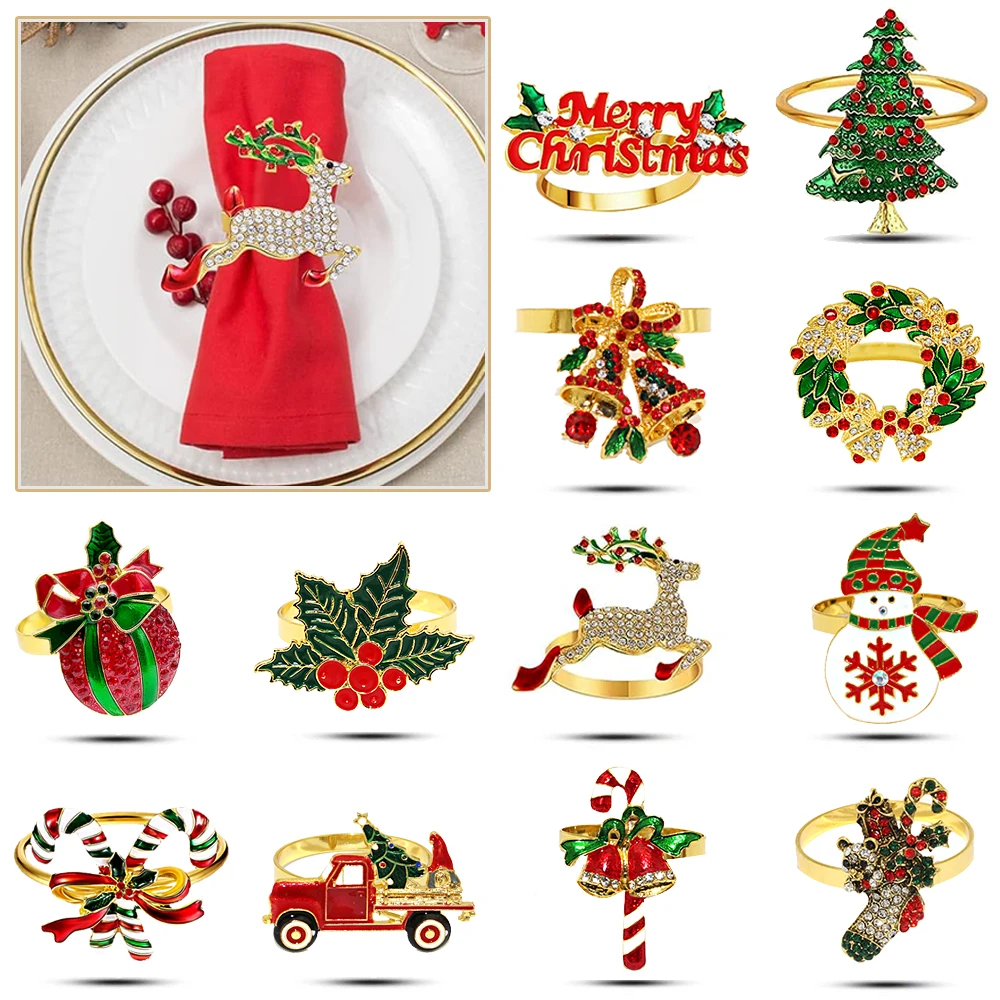 6Pcs Gold Christmas Napkin Rings Wreath Snowman Holly Leaf Candy Cane Deer Xmas Tree Napkin Holder for Wedding Party Table Decor