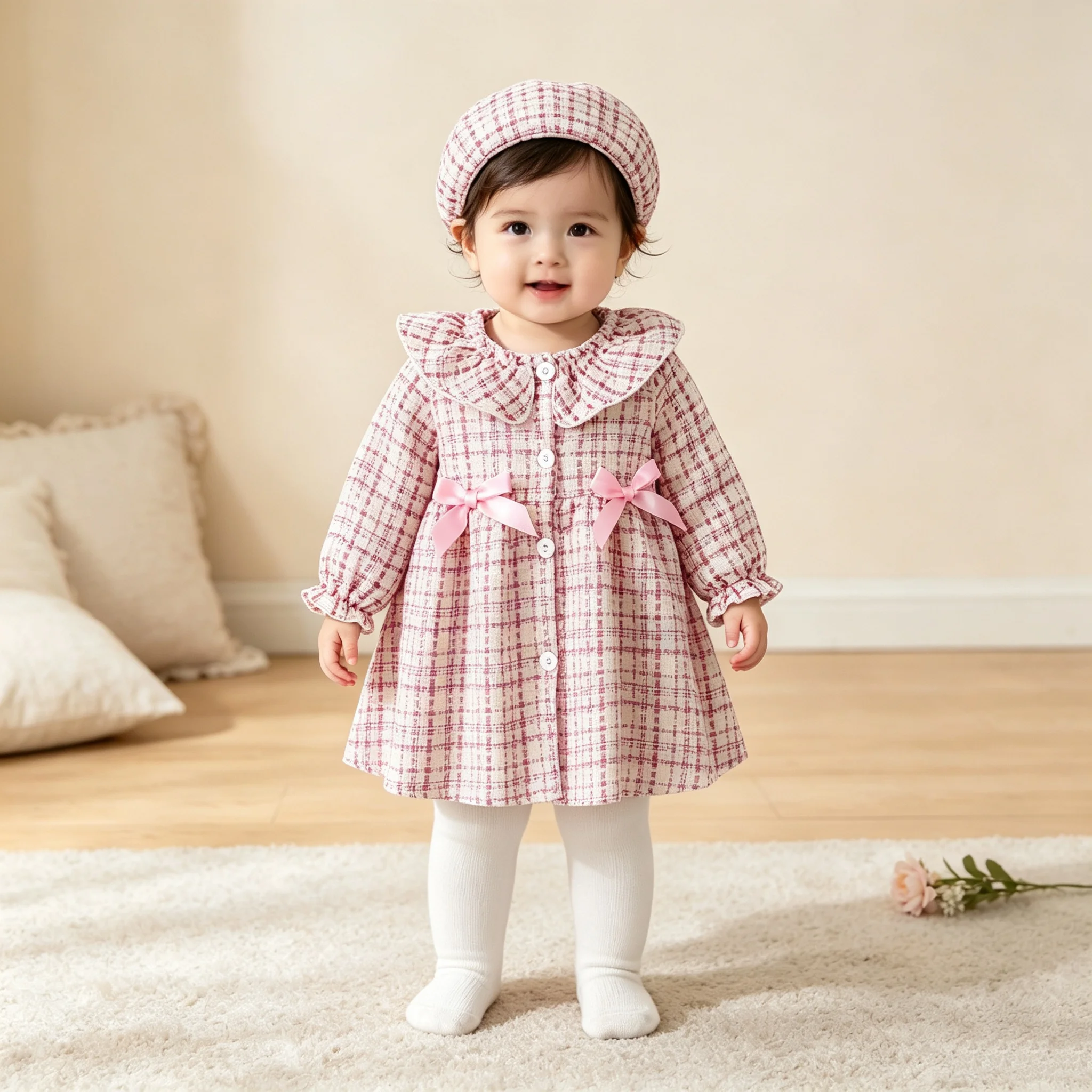 Girls Plaid Dress Set Spring Autumn Lace Collar Butterfly Knot Princess Skirt with Plaid Beret Hat Baby Girls Outfit