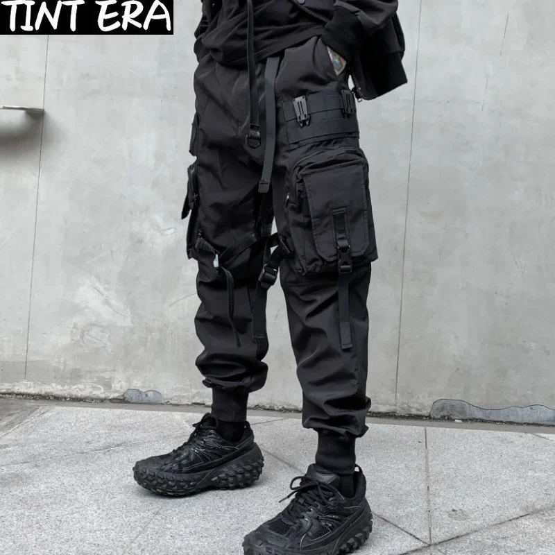 Multi-pockets Ribbons Bandage Tactical Techwear Cargo Pants Mens Harajuku Punk Hip Hop Joggers Pantalons Casual Streetwear