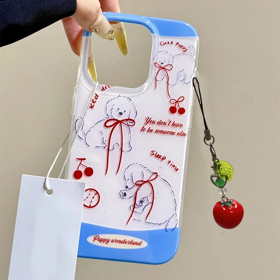 Funda de teléfono creativa de dibujos animados de cachorro con lazo rojo de estilo coreano Ins para iPhone 17 Air 16 15 14 13 12 11 Pro Max Plus Y2K