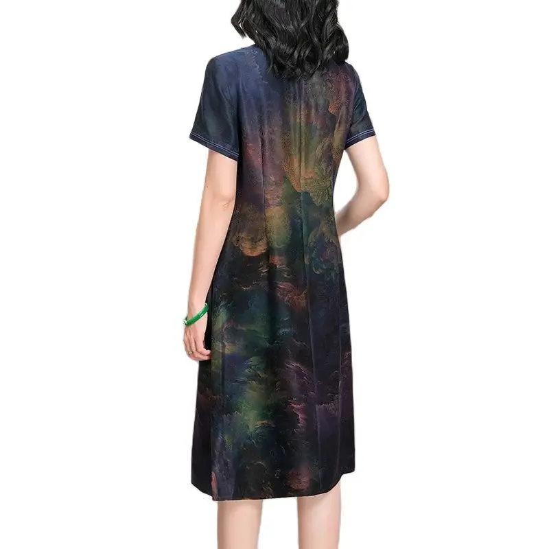 BirdTree, Watered Gauze Silk Elegant Dresses, Women Stand Print, Vintage Mom Oversize Cheongsam, 2024 Spring Summer D453109QM