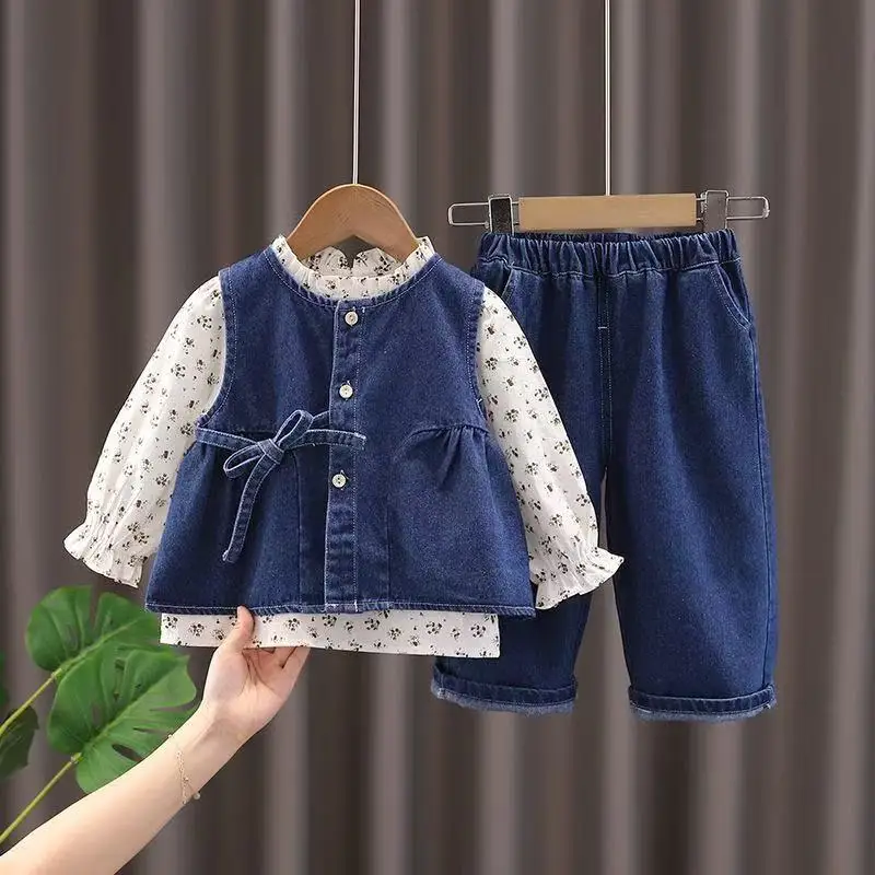 

2026 New Autumn 1-5Y Girls 3 Piece Set Floral Shirt Denim Vest Pants Trendy Outfit for 80-120cm
