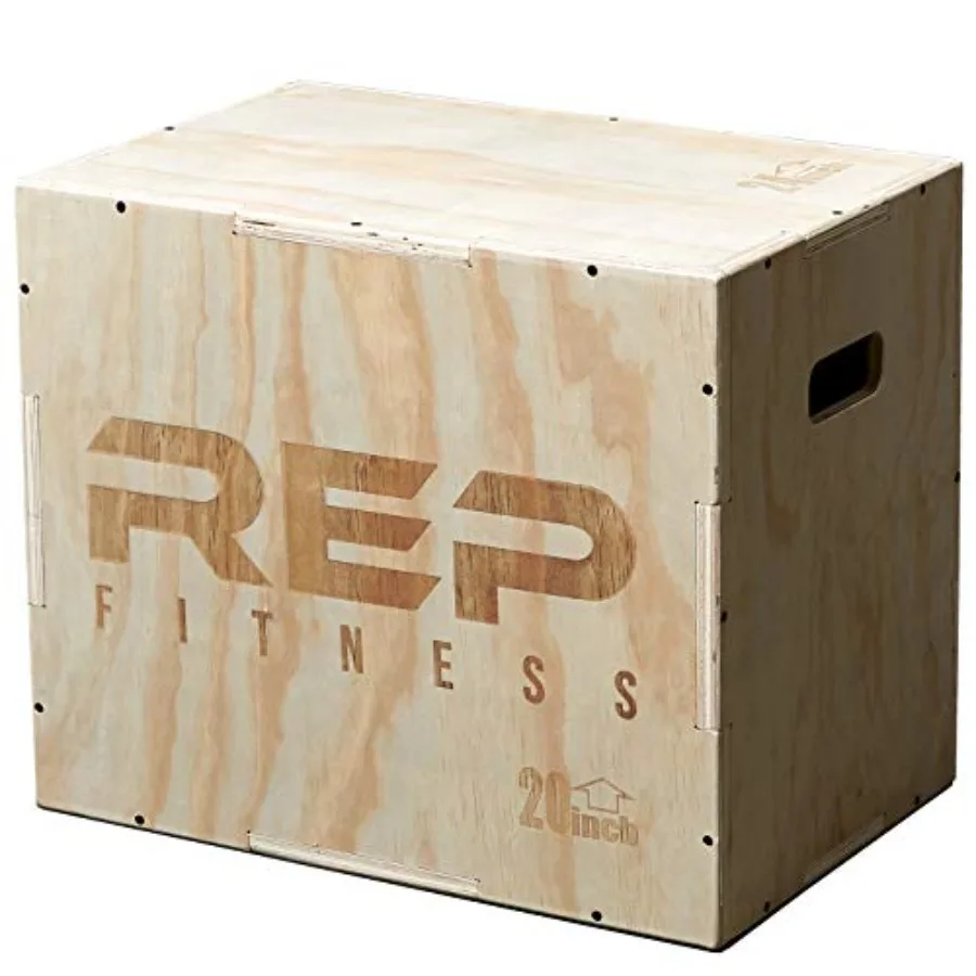 Plyometric Wood Jump Box for CrossFit Strength Training Natural Wood Brown Adjustable 12 to 30 Inch Height Range Non-Slip Surfa