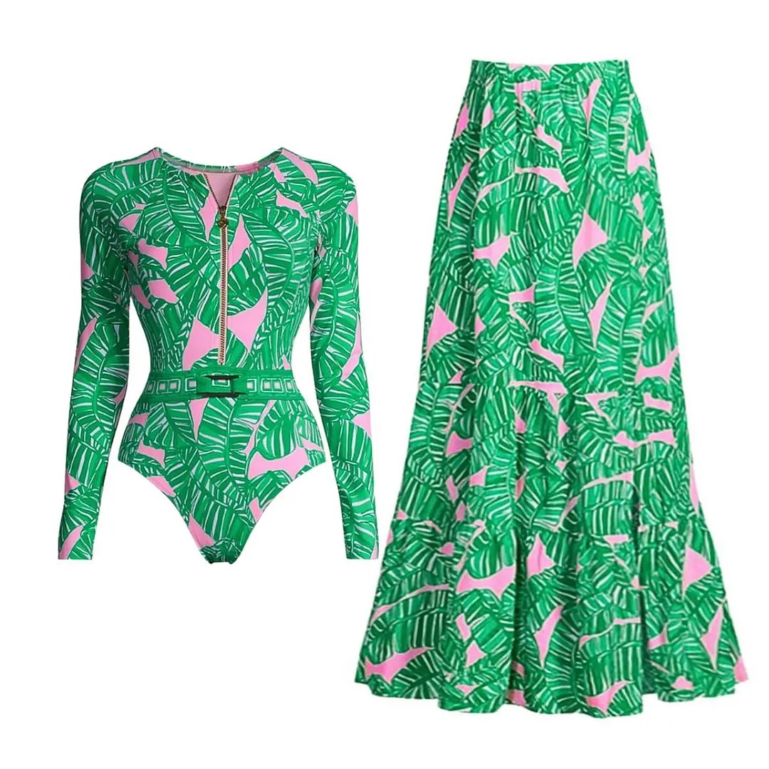 

2024 Women Swimwear Long Sleeve Zip Front Jungle Printed One Piece Beachwear bikini Two piece Bathing Suit Swimsuit and Skirt