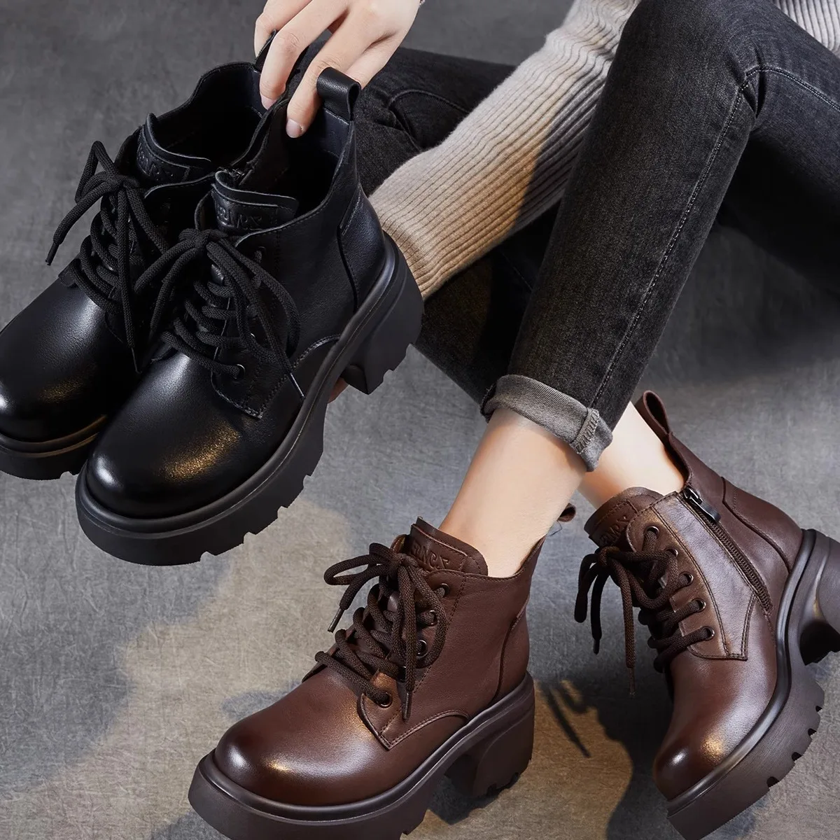

Women's Boots Thick Bottom Genuine Leather Winter Short Boots Warm Fleece Lined Autumn Winter High Top Boots