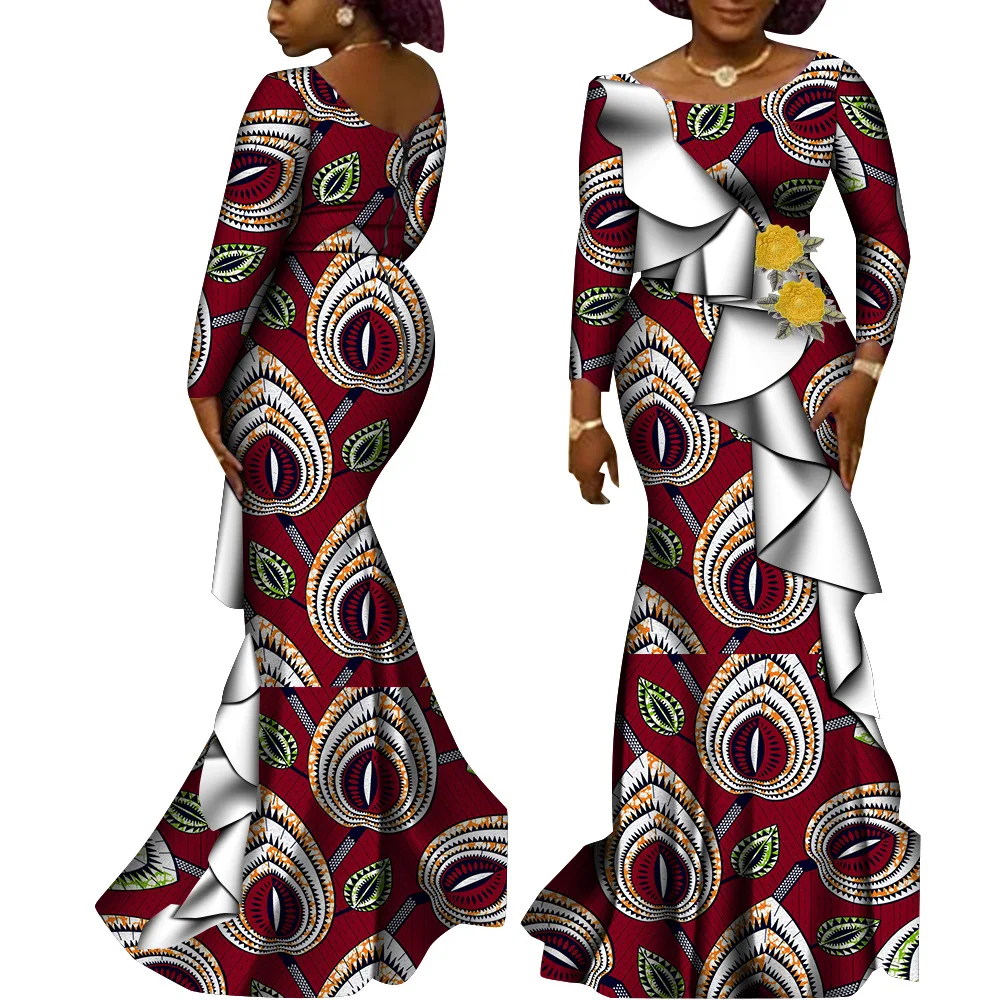 2024 New Fashion African Print Dresses for Women Party Dress Dashiki Outfits Ankara Dress+sashes Wedding Formal Clothing