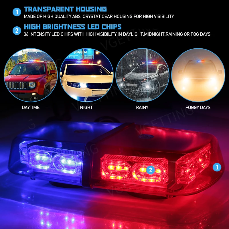 Car Roof Top Strobe Lights 36 LED Emergency Warning Safety Beacon Magnetic Mount For Truck Ambulance Snow Plow 4 Colors 12V 24V