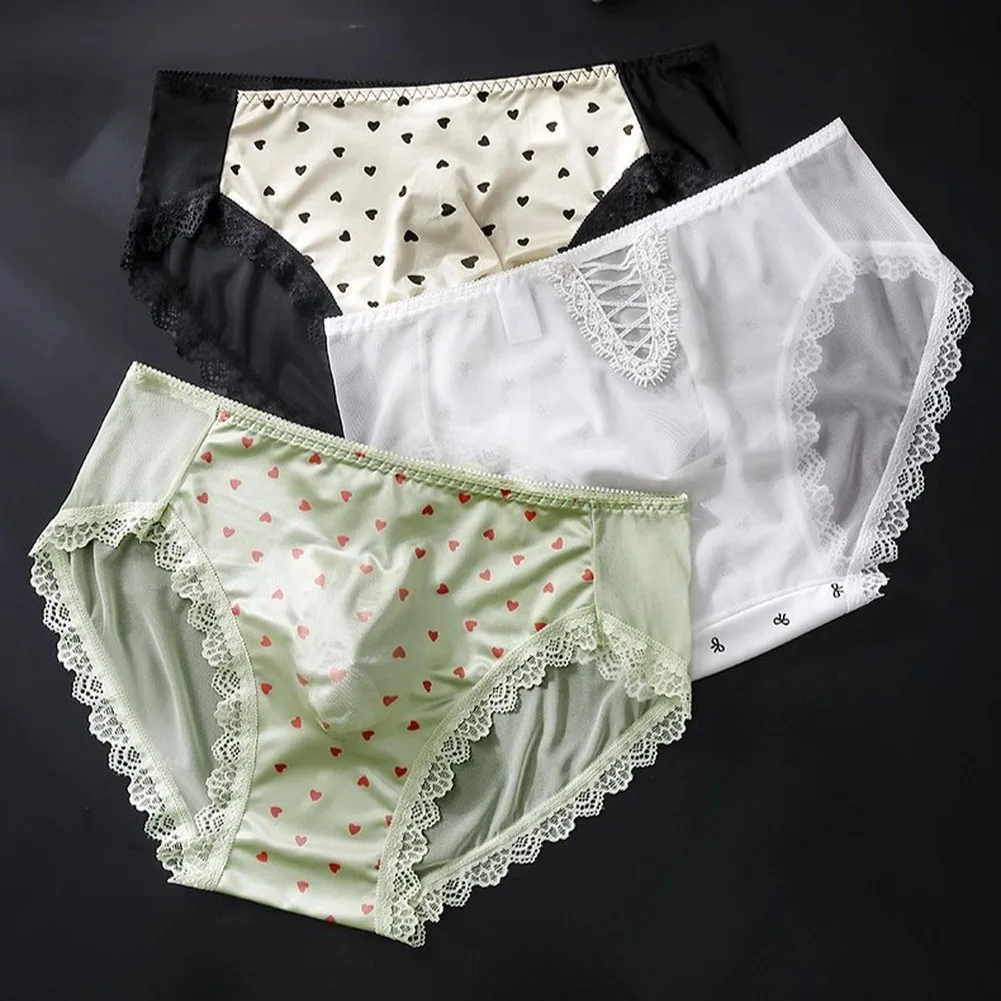 Men's Seamless Ice Silk Lace Trim Triangle Briefs Underwear 3D Bulge Pouch Printing Panties For Male Daily Home Wear