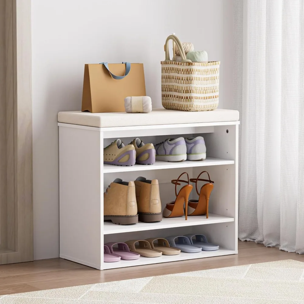 Organizer Shoe Rack 3-Tier Entryway Shoe Storage Bench With Cushion & Adjustable Shelves Living Room Shoerack White Mudroom Home