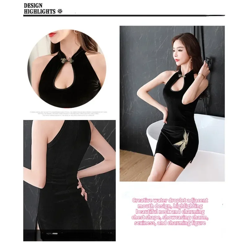 Wholesale Women Sexy Black Solid Sleepdress Stylish Halter Cheongsam Nightgown Lady Short Sleeveless Nightwear Home Nighty Skirt