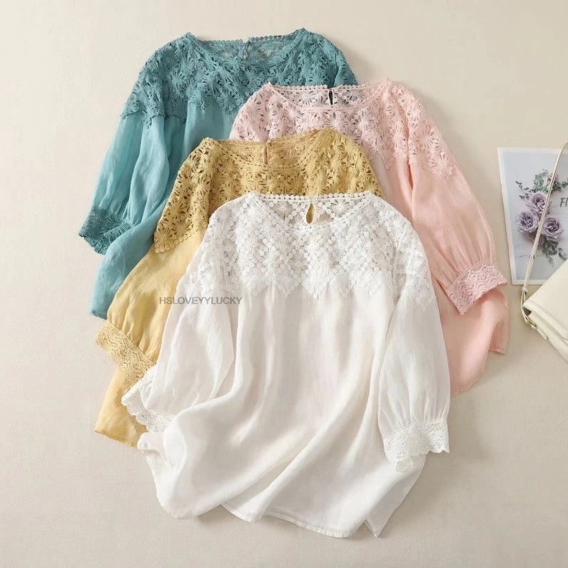 New Summer Embroidery Splice Ramie Blouse Women French Style Loose Hollow Out Lace Shirts Cropped Sleeve Office Work Tops