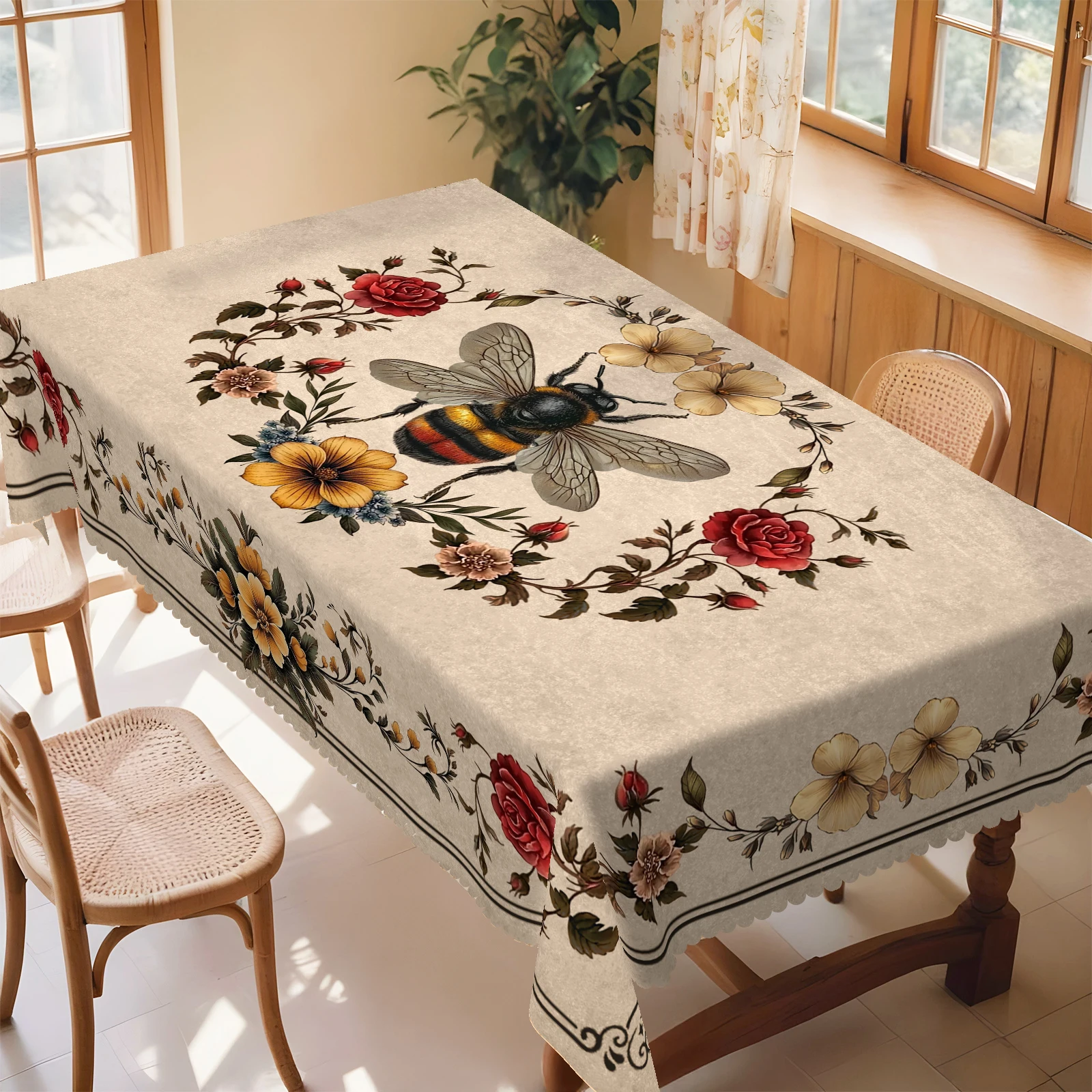 Mantel con temática de abeja floral vintage, con rosas elegantes y delicadas, estampados de abeja realistas, impermeables