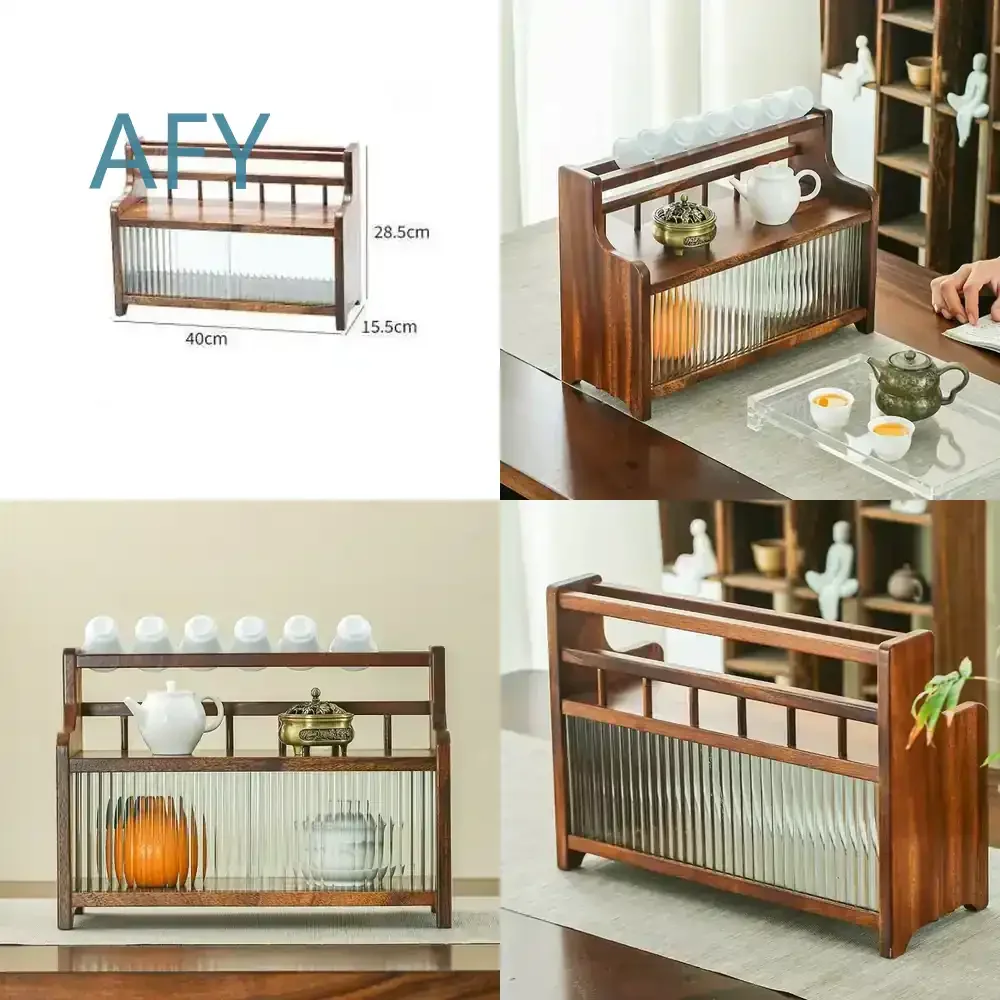 Walnut Changhong Drain Push-Pull Horizontal Cabinet for Home Tea Set Sundries Storage Solid Wood Organizer for Kitchen