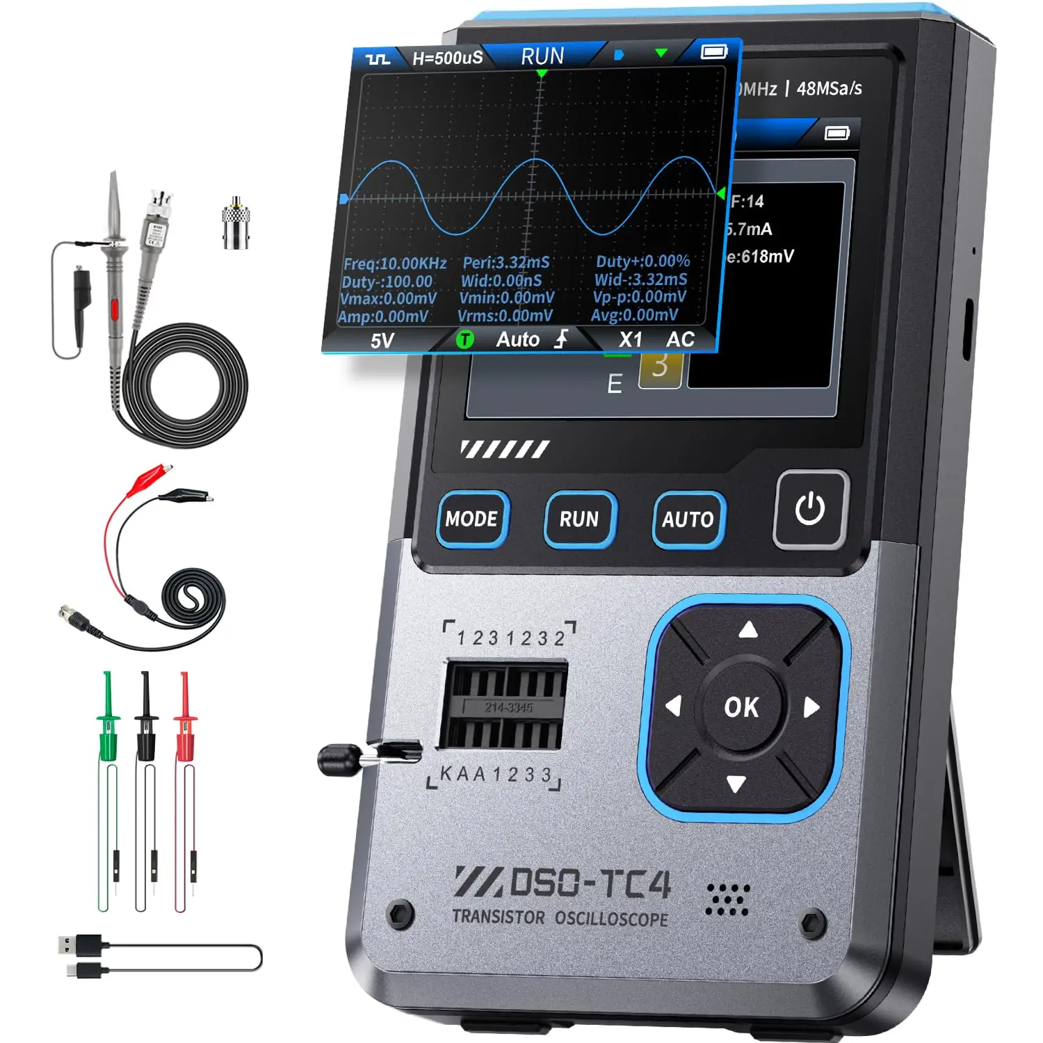 3 IN 1 Handheld Oscilloscope, 10MHz Bandwidth 48MSa/s Sampling Rate Transistor Tester Digital Oscilloscope DDS Signal Generator