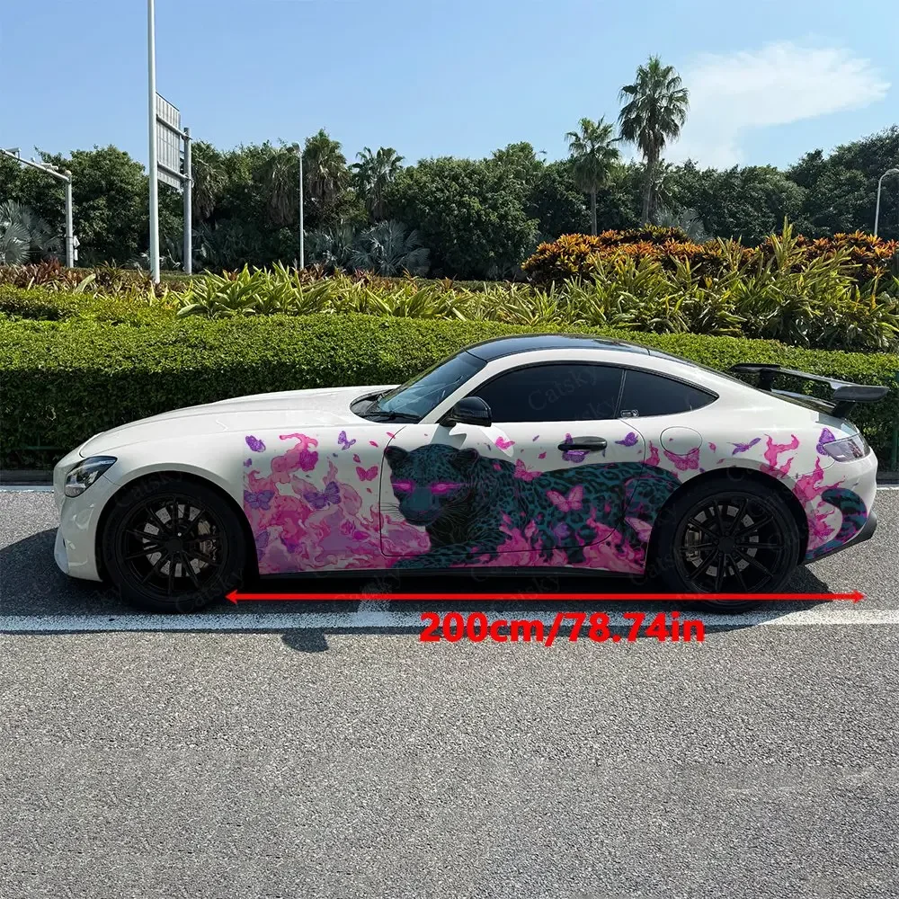 2pcs Neon Color Butterfly Leopard Car Side Wraps, Self-Adhesive PVC Waterproof & Scratch-Resistant Stickers, Car Accessory Gift
