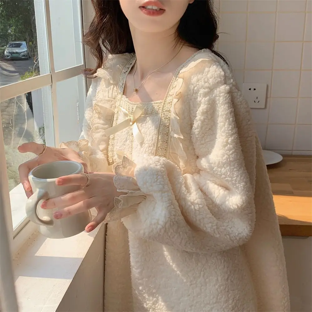 Fleece Women Nightgown Korean Lace Sleepwear Winter Night Dress Knee Length One Piece Pajamas Solid Square Collar Warm Home Wear