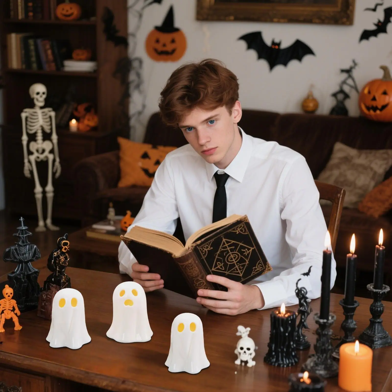 Halloween Figurines Lighted Ghost Decor Halloween Figurine 3 Pieces Cute Miniature Collectible Ornaments For Haunted House