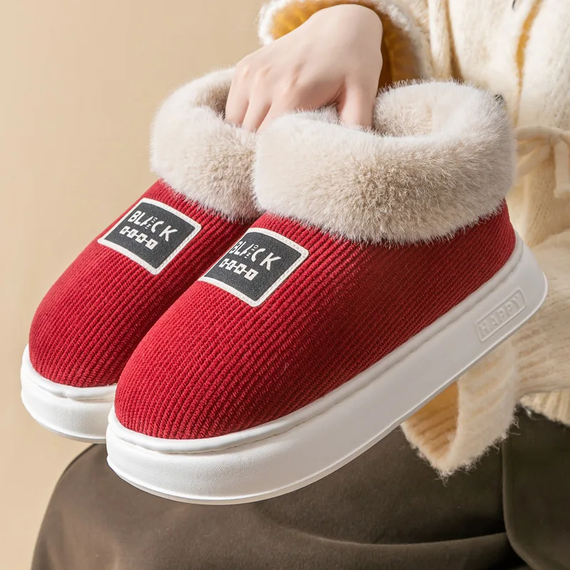 

Женская хлопковая обувь с высоким берцем, зимние теплые домашние нескользящие тапочки на толстой подошве и каблуке для удобной ходьбы