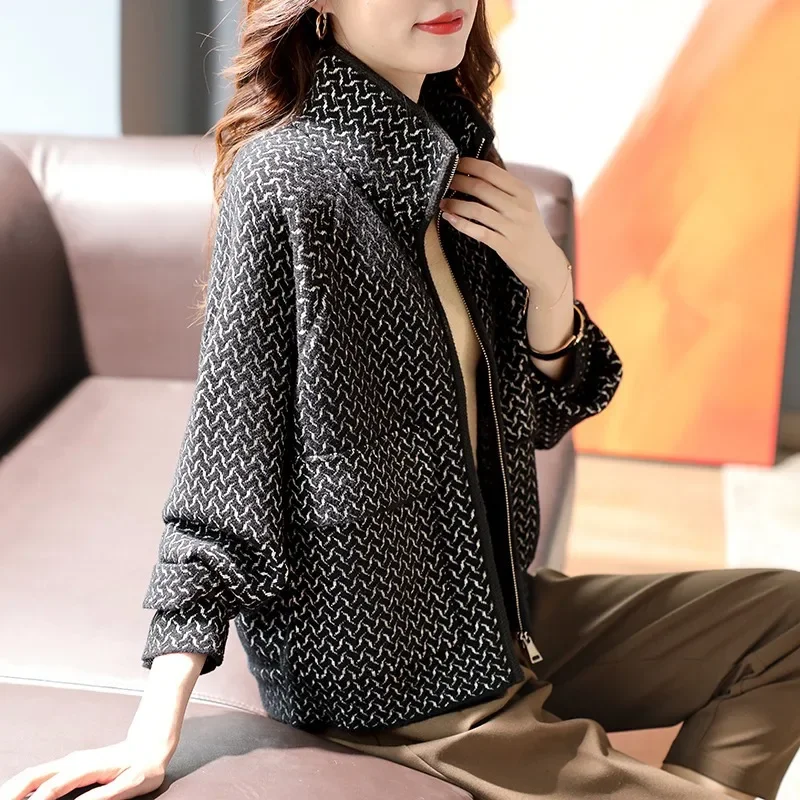 Stand-up collar imitation double-sided woolen knitted short jacket women's fashion Korean version zipper top 2024 autumn