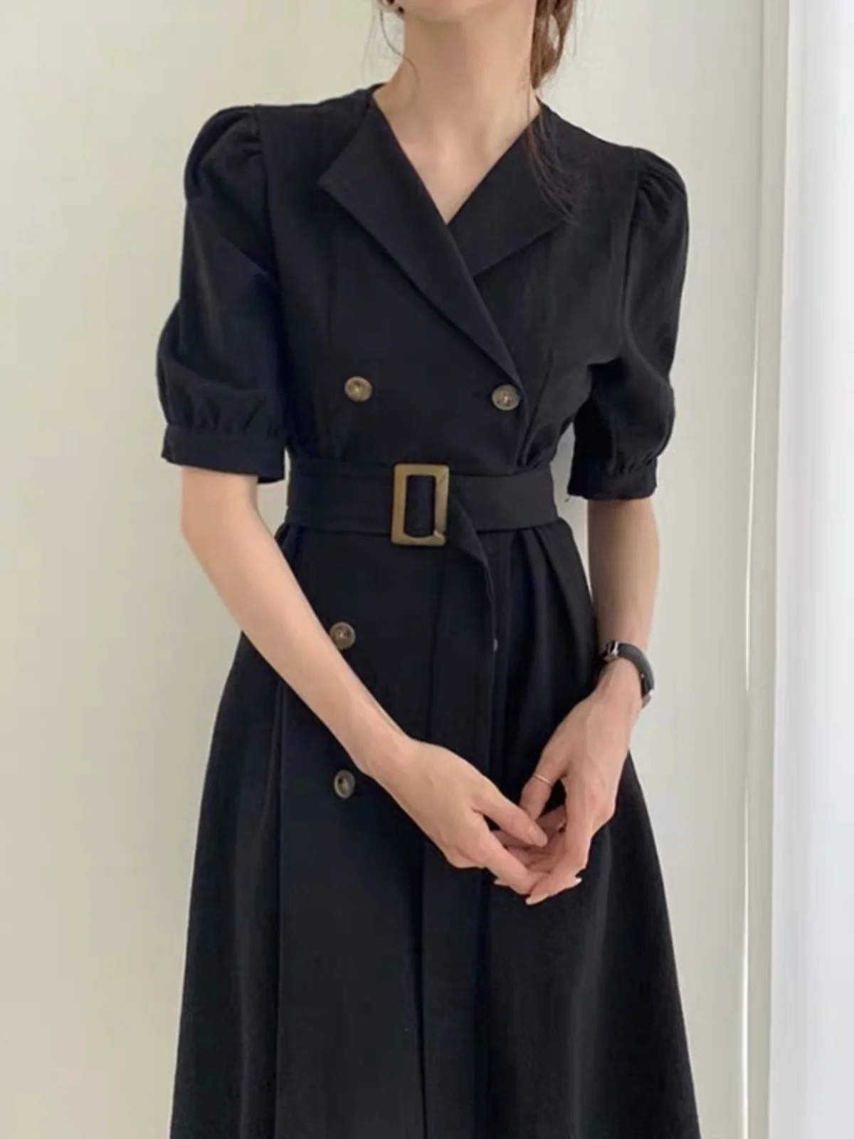 

Retro Suit Collar Midi Dr Double Button Waist Cinched Korean Sle Cotton Linen Pure Color A-Line Skirt for Spring Summer