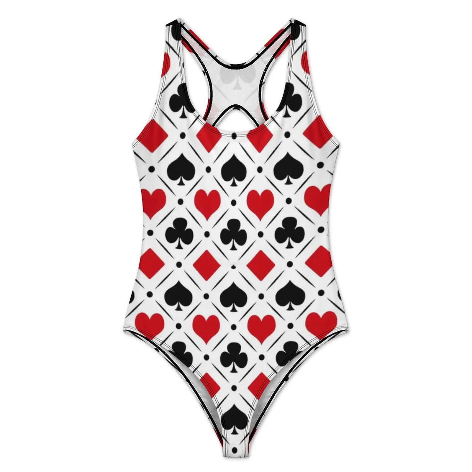 Heart Poker Swimsuit Red Black Plaid Swimwear One Piece Vacation Bath Bodysuit Cut Out Bathing Suit Women Push Up Sexy Outfits