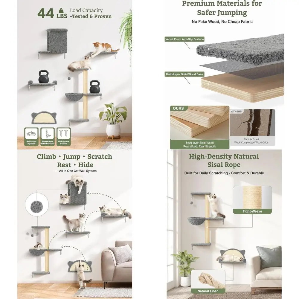 

Настенные полки для кошек из массива дерева и бархата, с сизалевой когтеточкой, выдерживают до 20 кг, настенная система для лазания для кошек, подходят для дверных проемов.