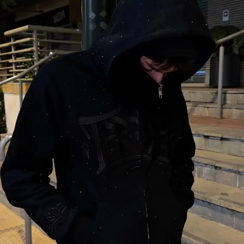 

Кардиган-худи унисекс с двойным капюшоном, полностью расшитый стразами, с принтом, осенне-зимний, черный, 2026