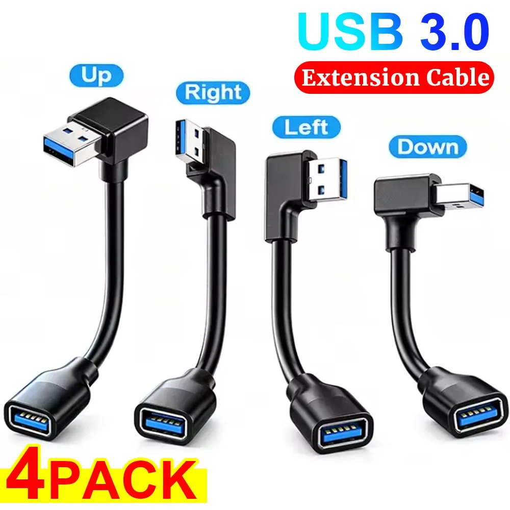 1-4Pcs USB 3.0 Male To Female Extension Cable 90° Bend Adapter USB Extended Line Support Data Transfer Cord for Laptop PC Phone