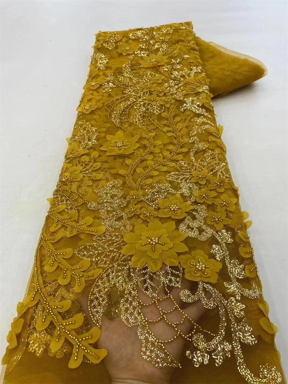 Tela de encaje con cuentas de flores nigerianas en 3D, Material de encaje de malla de lujo para coser vestidos de boda para mujer, tela de encaje con cuentas bordadas africanas